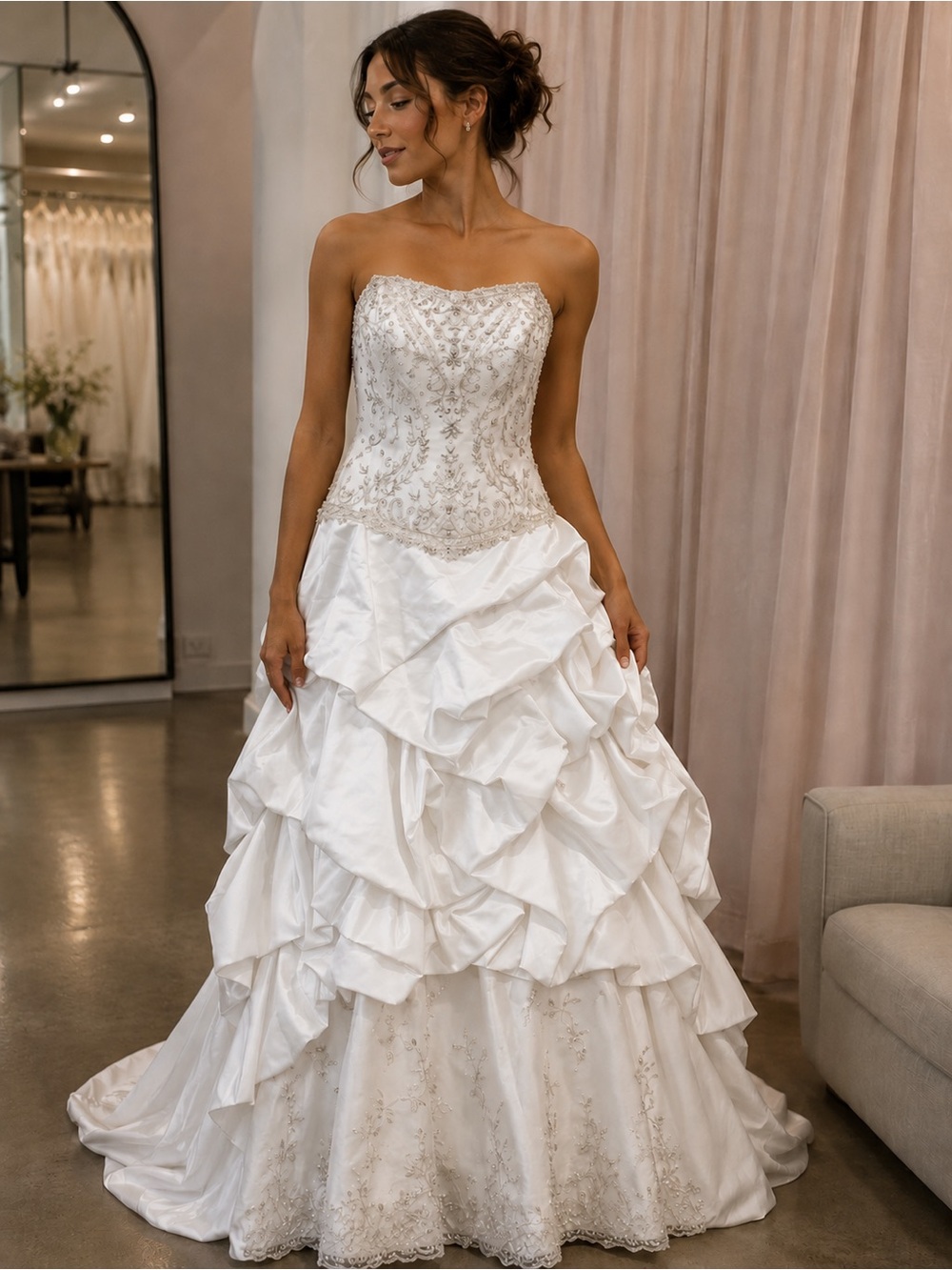 “C7” Allure Bridals White Strapless Beaded Ball Gown with Ruffled Skirt Y2K